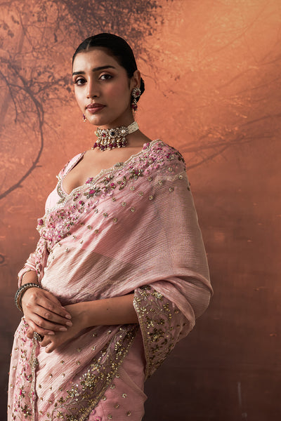ONION PINK TUSSAR & ORGANZA EMB. TWO-PIECE SAREE SET (3 PCS)