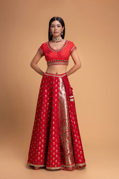 RED BROCADE LEHENGA SET (3 PCS)