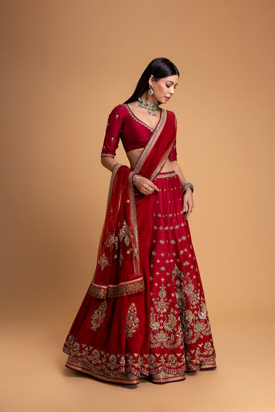 RED MUSHROO EMB LEHENGA SET (3 PCS)