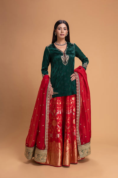 RED BROCADE LEHENGA SET (2 PCS)