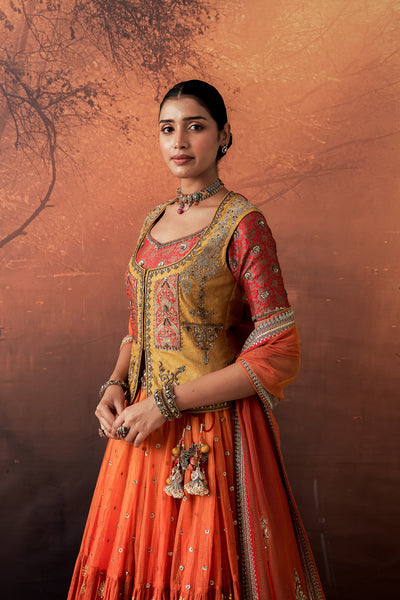 ORANGE & YELLOW TISSUE BROCADE EMB. LEHENGA SET (MH-01C) ( 5 PCS)