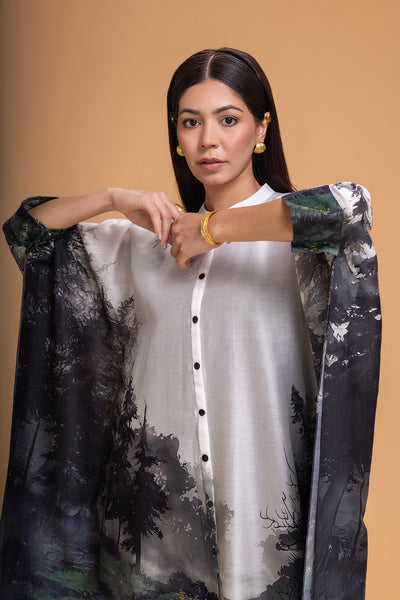 BLACK & WHITE CHANDERI PRINTED KAFTAAN (1 PC)