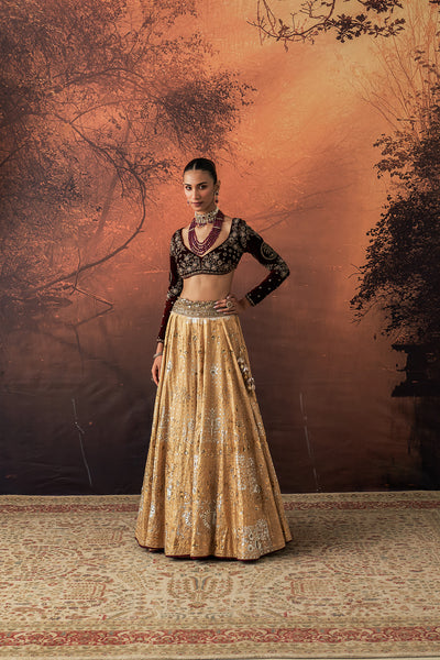 GOLD SILK TISSUE PRINTED & EMB. LEHENGA SET (EVO-07) (4 PCS)