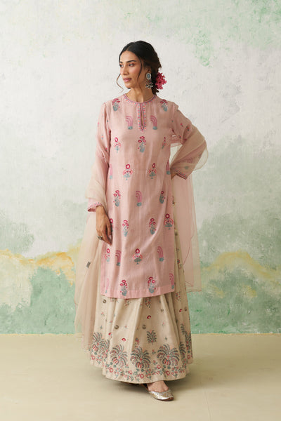 TOOSH & SOFT PINK DUPION PTD. WITH HAND KASHMIRI EMB. LEHENGA SET (4 PCS)