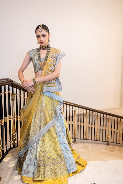 YELLOW & AQUA DUPION EMB. LEHENGA SET(KA-01B) (4 PCS)