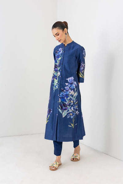 MIDNIGHT INDIGO SILK CHANDERI FLORAL PRINTED TUNIC (1 PC)