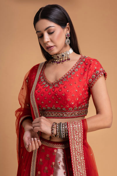 RED BROCADE LEHENGA SET (3 PCS)