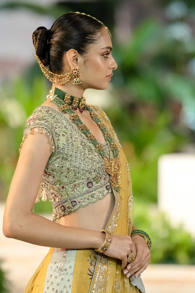 YELLOW & AQUA DUPION EMB. LEHENGA SET(KA-01B) (4 PCS)