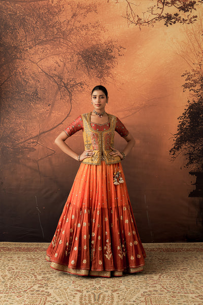 ORANGE & YELLOW TISSUE BROCADE EMB. LEHENGA SET (MH-01C) ( 5 PCS)