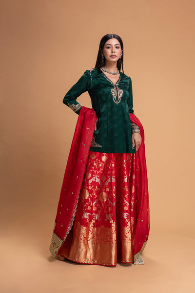 RED BROCADE LEHENGA SET (2 PCS)