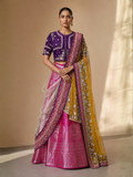 FUCHSIA PINK BANARASI LEHENGA PAIRED WITH A PURPLE EMBROIDERED BLOUSE AND MUSTARD YELLOW EMBROIDERED DUPATTA. (4PCS)