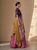 FUCHSIA PINK BANARASI LEHENGA PAIRED WITH A PURPLE EMBROIDERED BLOUSE AND MUSTARD YELLOW EMBROIDERED DUPATTA. (4PCS)