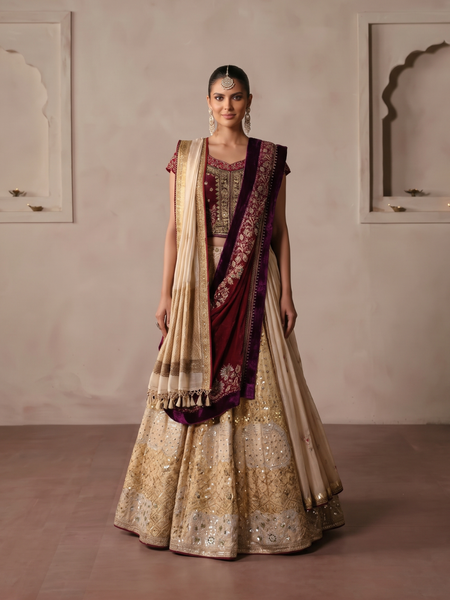 CHAMPAGNE GOLD EMBROIDERED LEHENGA PAIRED WITH A DEEP MAROON EMBROIDERED BLOUSE AND CONTRASTING MAROON AND IVORY DUPATTA DRAPE.