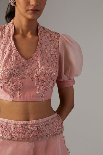 OLD ROSE EMB TOP WITH FLAIRED SILK ORGANZA PANTS ( TL-06A)