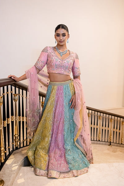 PINK & AQUA TISSUE EMB. LEHENGA SET(FB-05A) (4 PCS)