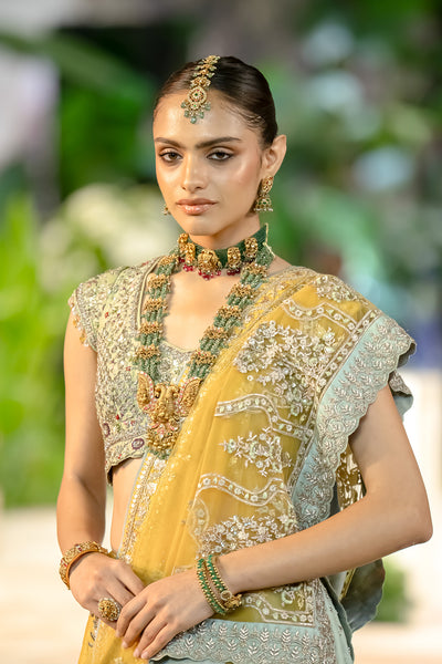 YELLOW & AQUA DUPION EMB. LEHENGA SET(KA-01B) (4 PCS)