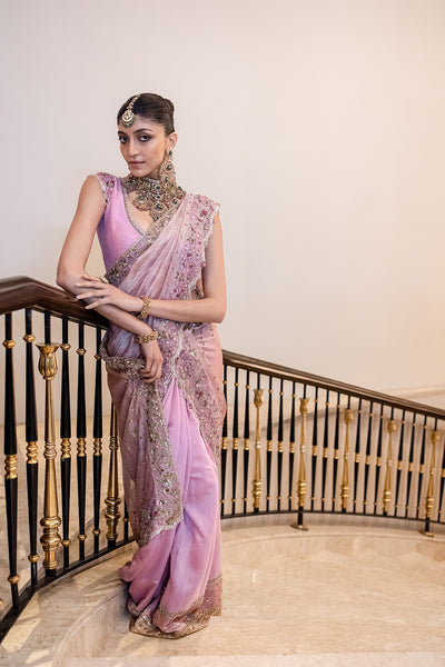 ONION PINK TUSSAR & ORGANZA EMB. TWO-PIECE SAREE SET (3 PCS)