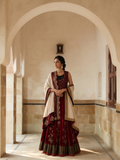 Wine Velvet Embroidered lhenga with Ivory Embellished shawl & ruby jacket (4 PCS)
