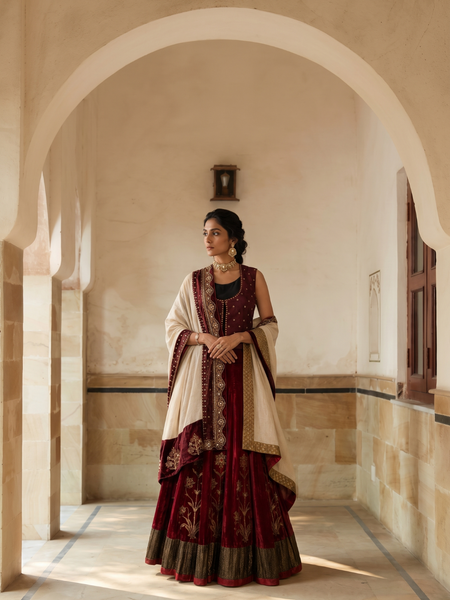 Wine Velvet Embroidered lhenga with Ivory Embellished shawl & ruby jacket (4 PCS)