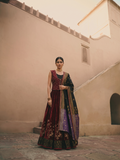 Wine Velvet lehenga with Black & Royal Purple Banarasi Dupatta wine embroidered jacket (4 PCS)