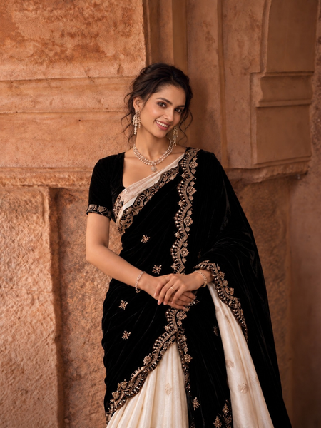 Ivory Silk Saree with Black Velvet Embroidered Drape (3PCS)