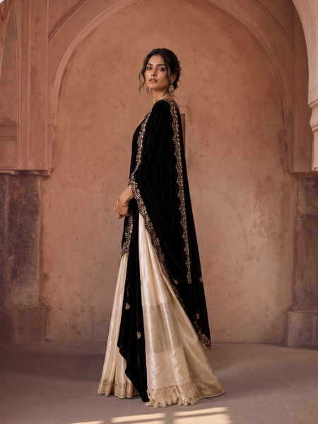 Ivory Silk Saree with Black Velvet Embroidered Drape (3PCS)