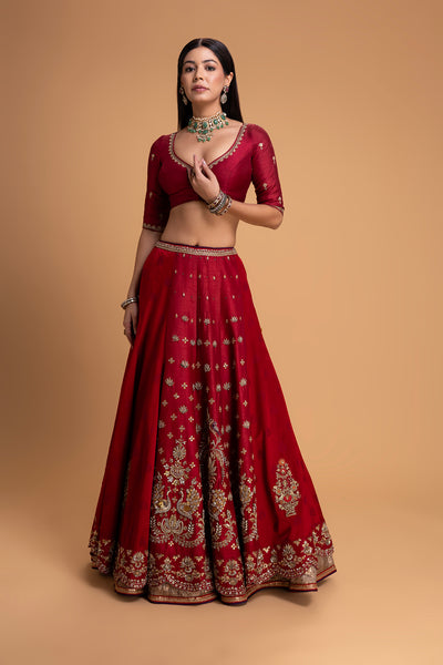 RED MUSHROO EMB LEHENGA SET (3 PCS)