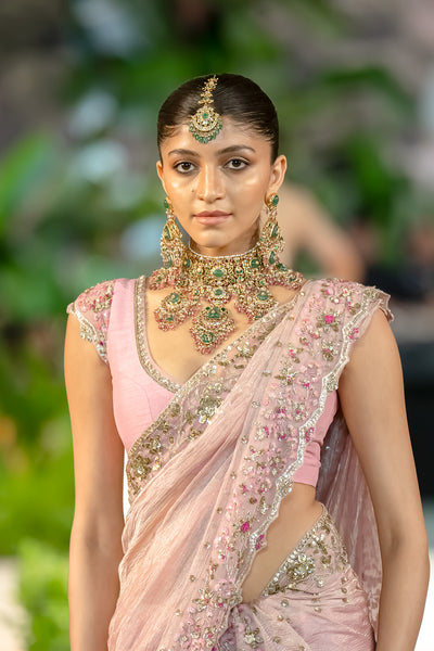 ONION PINK TUSSAR & ORGANZA EMB. TWO-PIECE SAREE SET (3 PCS)
