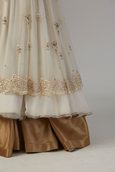 IVORY CHIFFON ANARKALI PAIRED WITH TULLE NET JACKET & COPPER LAME SKIRT( TL-89B, TL-135)