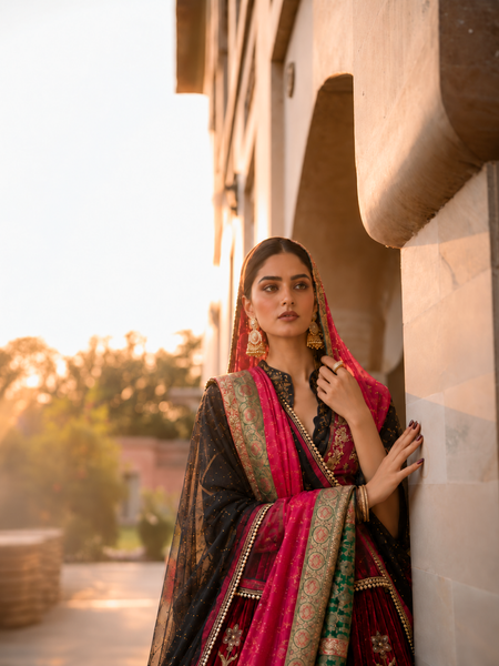 Wine Velvet Embroidered lehenga with Black Organza & Pink Banarasi Dupatta (5 PCS)