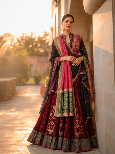 Wine Velvet Embroidered lehenga with Black Organza & Pink Banarasi Dupatta (5 PCS)