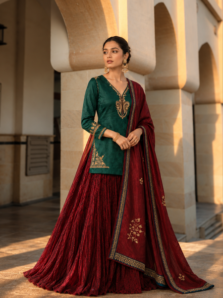 Emerald Green Kurta with Wine Crushed Skirt & Embroidered Dupatta (3PCS)