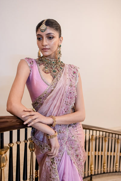 ONION PINK TUSSAR & ORGANZA EMB. TWO-PIECE SAREE SET (3 PCS)