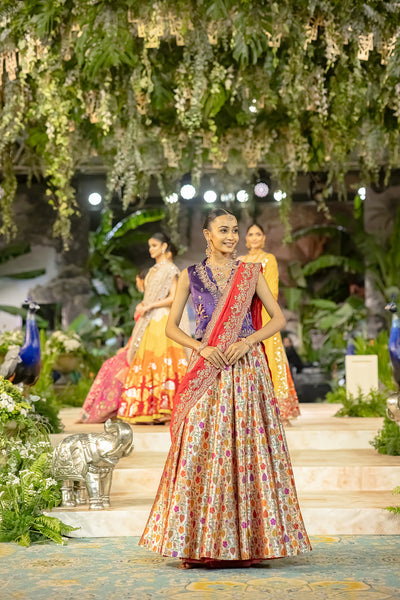 MULTICOLOUR KIMKHWA BORCADE EMB. LEHENGA SET(EVO-05) (5 PCS)