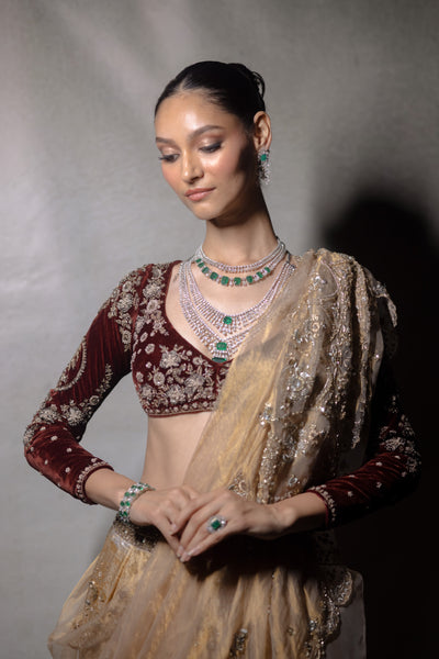 GOLD SILK TISSUE PRINTED & EMB. LEHENGA SET (EVO-07) (4 PCS)