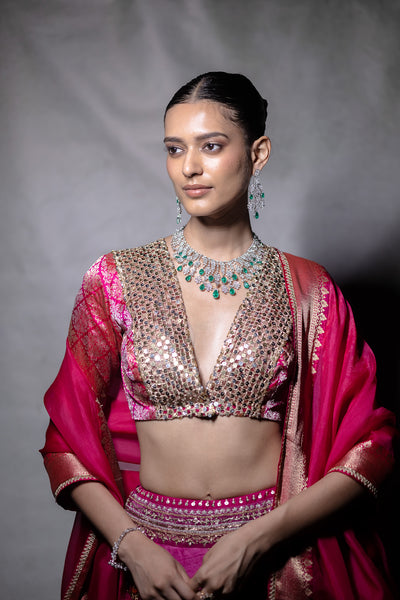 HOT PINK TISSUE MULTIKALI EMB. LEHENGA SET (EVO-09) (3 PCS)