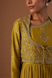 OLIVE TISSUE ANARKALI PAIRED WITH CHURIDAAR AND DUPATTA ( LS-16A)