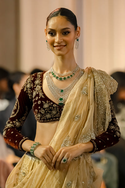 GOLD SILK TISSUE PRINTED & EMB. LEHENGA SET (EVO-07) (4 PCS)