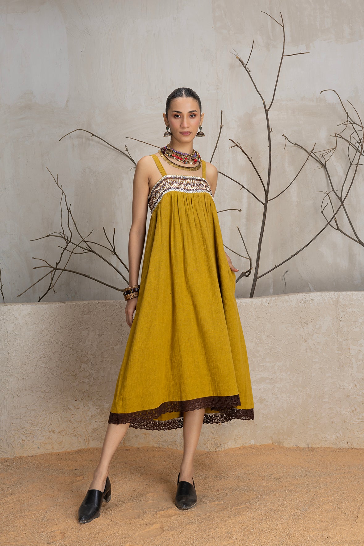 MUSTARD KALA COTTON EMBROIDERED DRESS (1 PC) Anju Modi MUSTARD KALA COTTON EMBROIDERED DRESS (1 PC) Anju Modi