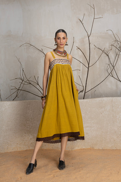 MUSTARD KALA COTTON EMBROIDERED DRESS (1 PC)