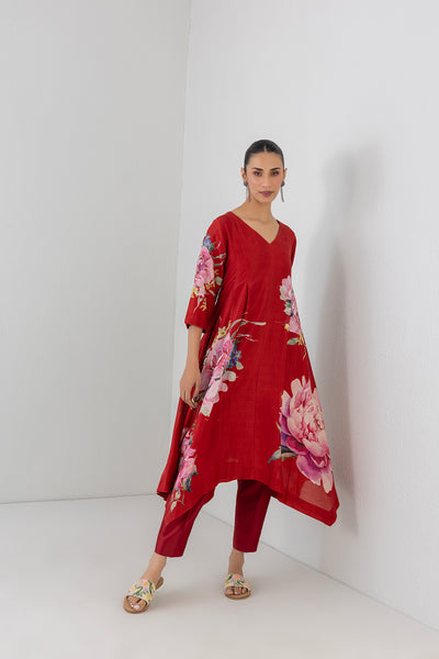 CRIMSON FLAME SILK CHANDERI CHINA ROSE PRINTED DRESS (1 PC)