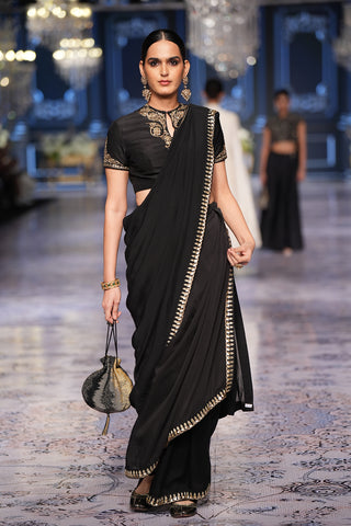 BLACK DRAPED EMBROIDERED SAREE SET (3 PCS)