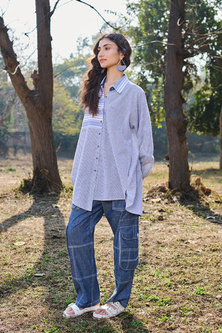 SOFT BLUE & WHITE COTTON STRIPE BLOCK SHIRT STYLE TUNIC (CM-08/TNC)