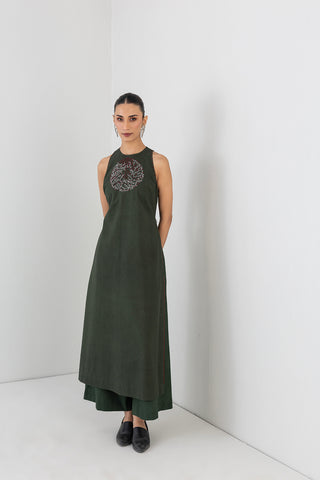 MOSS GREEN MELANGE DRESS PAIRED WITH MOSS GREEN PANTS (2 PCS)