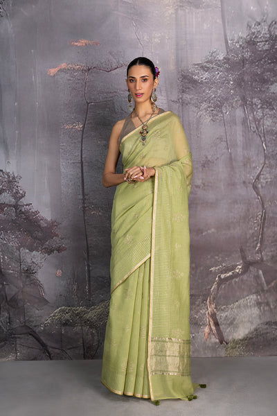 PISTA GREEN CHANDERI EMBROIDERED SAREE (1 PC)