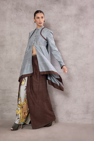 AQUA SILK DUPION BIRD PRINTED KEDIA PAIRED WITH BROWN PRINTED SILK DUPION WRAP SKIRT (AJP-06)