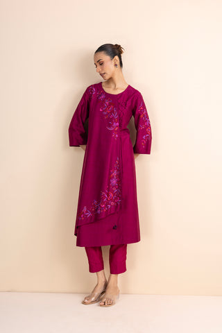 MAGENTA STRIPE DUPION PRINTED & EMBROIDERED ANGRAKHA KURTA SET (2 PCS)