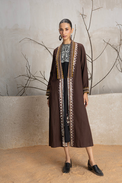 BROWN LINEN EMBROIDERED JACKET (1 PC)