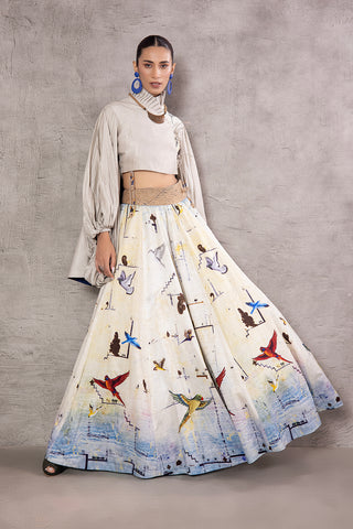 ASH GREY SILK DUPION TOP PAIRED WITH BLUE & GREY OMBRE BIRD PRINTED SILK DUPION WRAP SKIRT (AJP-03)