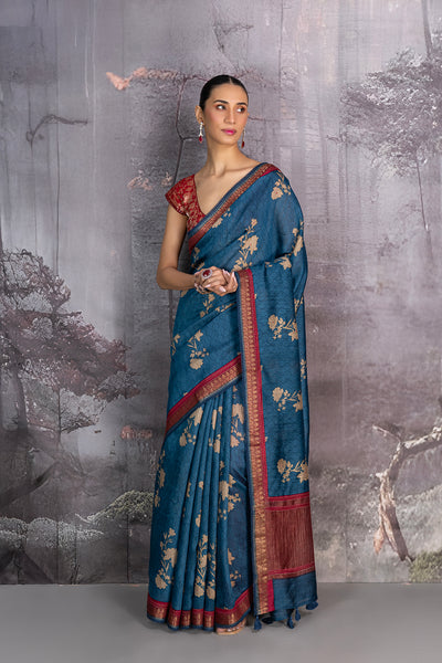 TEAL BLUE TUSSOR GEORGETTE DISCHARGE PRINTED SAREE (1 PC)